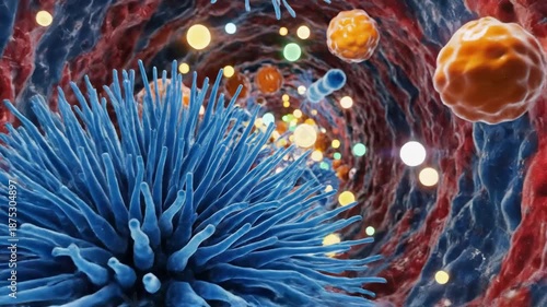Microscopic view of cells and microorganisms with vibrant colors and detail