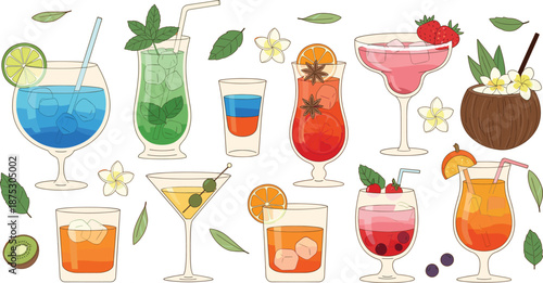 Colorful summer cocktail and tropical drink set with fruit garnish, ice and leaves illustration