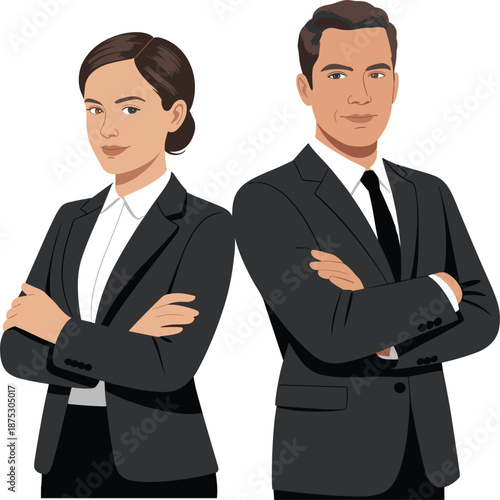 Professional businessman and businesswoman in black suits standing with arms crossed, corporate team vector flat illustration