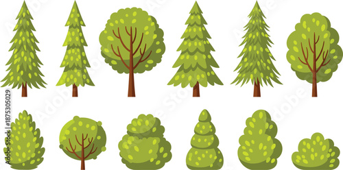 Cute cartoon tree and bush illustration set with green forest plants and foliage elements