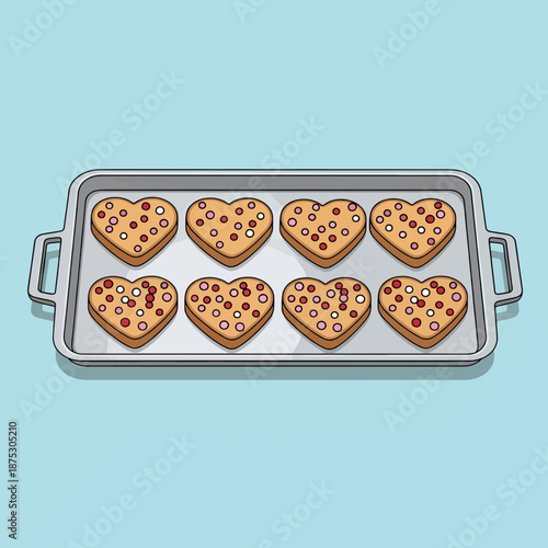 Heart shaped cookies on a baking tray with colorful sprinkles