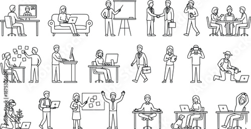 Business and Remote Work Line Illustration Set with 20 Minimalist Outline Poses