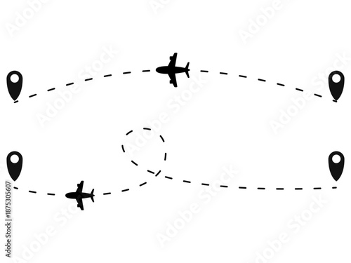 Airplane flight path background. Air travel background design with flight path pattern. Modern airplane travel pattern vector illustration. Flight route vector illustration. Airplane on dashed line
