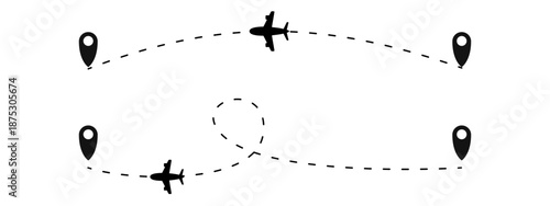 Airplane flight path background. Air travel background design with flight path pattern. Modern airplane travel pattern vector illustration. Flight route vector illustration. Airplane on dashed line