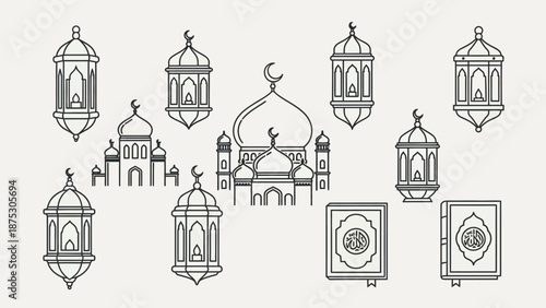Ramadan and Islamic cultural icons including lanterns, mosque, and Quran for festive decorations and religious celebrations