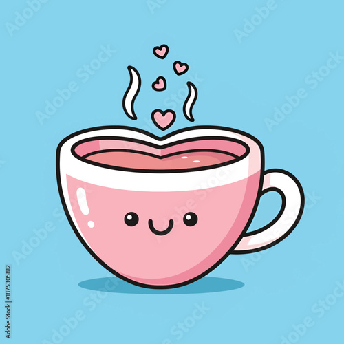 Cute pink heart shaped coffee cup with smiling face and hearts