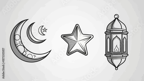 Islamic crescent moons and star symbols alongside a traditional lantern, representing religious and cultural elements