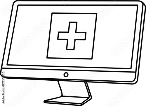 Line art vector illustration of a desktop monitor displaying a medical cross icon, symbolizing secure digital health, reliable online telemedicine, and remote healthcare support.