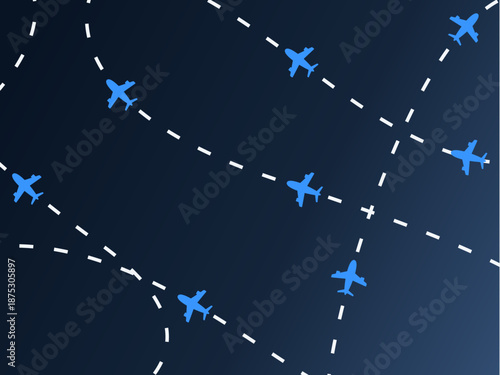 Airplane flight path background. Air travel background design with flight path pattern. Modern airplane travel pattern vector illustration. Flight route vector illustration. Airplane on dashed line