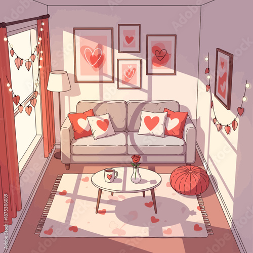 Cozy living room decorated with heart themed decor for Valentine's Day