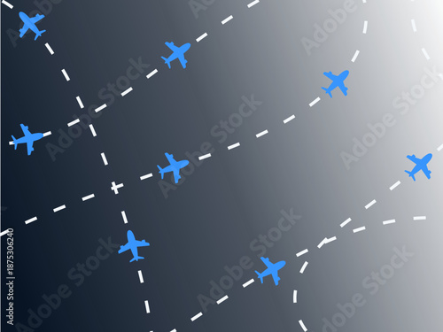 Airplane flight path background. Air travel background design with flight path pattern. Modern airplane travel pattern vector illustration. Flight route vector illustration. Airplane on dashed line