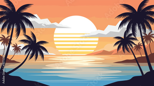 Beautiful flat vector illustration of a retro synthwave beach sunset featuring palm tree silhouettes glowing sun over ocean waves and tropical island scenery