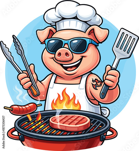 Cheerful flat vector illustration of a cool pig chef wearing sunglasses and a white hat grilling steak and sausages on a barbecue
