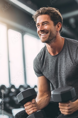 Happy athletic man doing fitness workout with dumbbells in the gym, smiling male athlete training biceps and lead a healthy lifestyle