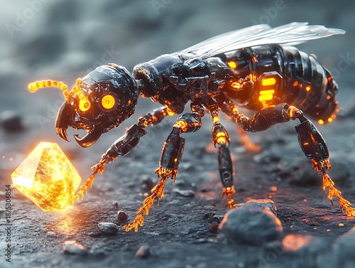 A futuristic ecosystem where robotic life thrives: metallic insects crawling on smart leaves, robotic birds with articulated wings flying through the air, lifelike robotic animals roaming a high-tech 