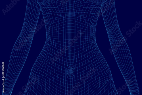 A female body blueprint displays a detailed wireframe model with anatomical precision. This digital illustration highlights human form structure for medical or educational use.