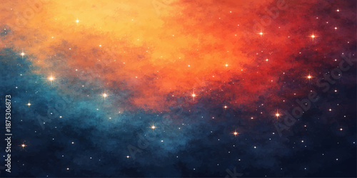 An abstract dark night sky reveals a mysterious nebula cloud and glowing stars within a vast cosmic galaxy of the outer astral universe