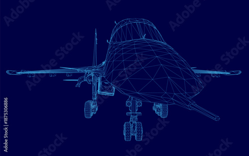 A detailed 3D wireframe model of a military fighter aircraft is displayed against a solid blue background, revealing its complex internal structure and engineering blueprint.