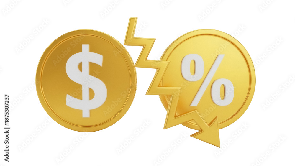 Obraz premium Golden dollar and percentage coins with lightning bolt isolated PNG, financial risk and investment concept on transparent background