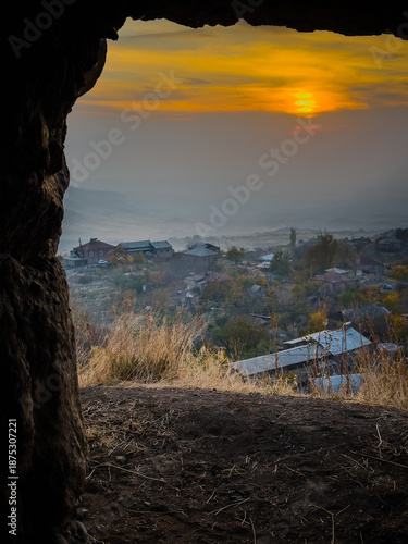 Sunset in Armenia from a sea cave. High quality photo