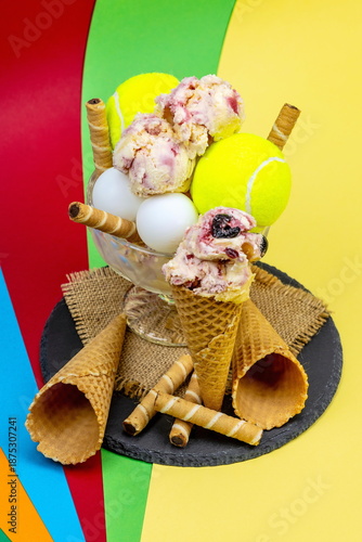 Coppa di gelato come trofeo dopo una partita di tennis con palline da ping pong su sfondo colorato