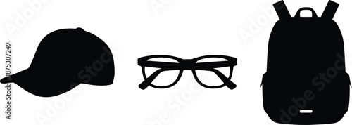 Vector silhouettes of a cap, eyeglasses, and backpack on a white background
