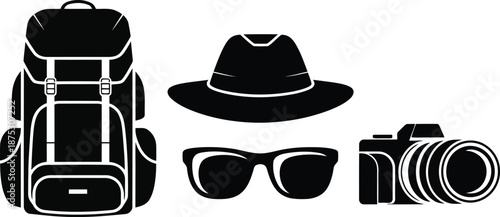 Travel Gear Icons Backpack, Hat, Sunglasses, and Camera