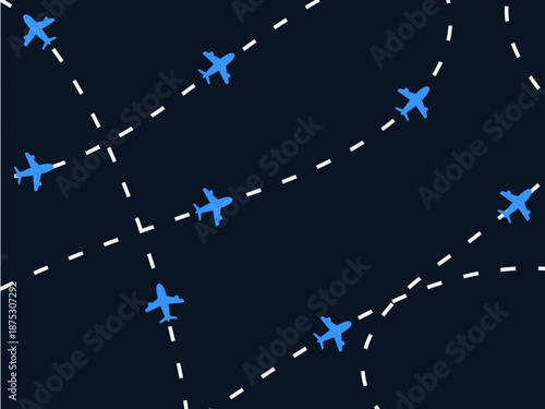 Airplane flight path background. Air travel background design with flight path pattern. Modern airplane travel pattern vector illustration. Flight route vector illustration. Airplane on dashed line