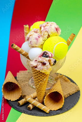 Coppa di gelato come trofeo dopo una partita di tennis con palline da ping pong su sfondo colorato 