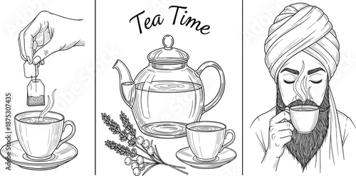 Tea time vintage illustration with teapot, cups, brewing process, and man drinking tea, hand drawn vector artwork