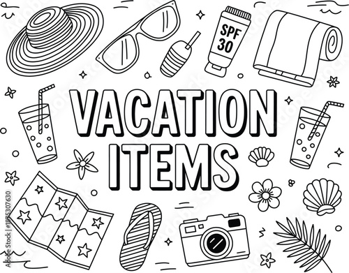 Vacation Items Outline Drawing Beach Essentials for a Relaxing Getaway