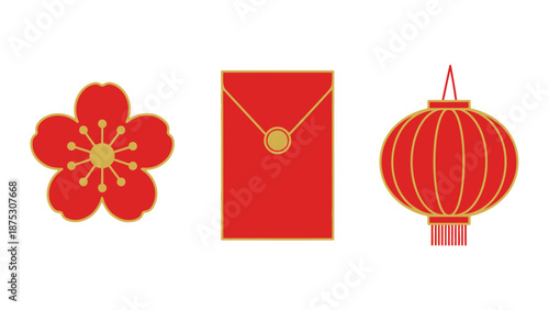 A vibrant collection of traditional Chinese New Year symbols including a red plum blossom, a lucky red envelope, and a decorative lantern, signifying prosperity and celebration