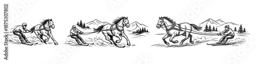 Skijoring scenes with skier and horse in winter mountains. Outdoor snow sport and extreme adventure concept. Vector illustration.  
