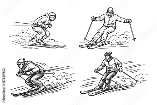 Set of alpine skiers in motion on snowy slopes. Winter outdoor sport, recreation and fitness concept. Vector illustration.  
