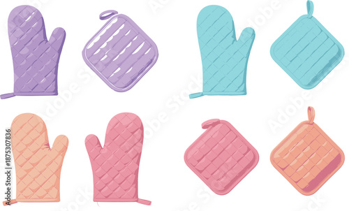 Colorful kitchen oven mitts and pot holders set with quilted texture, cute flat vector illustration collection