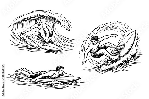 Set of male surfers performing tricks and paddling. Summer ocean sport and beach lifestyle concept. Vector illustration.  

