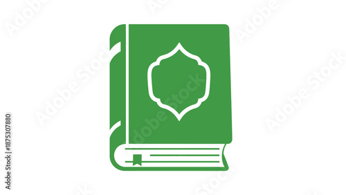 A stylized flat design illustration of the Holy Quran, a sacred Islamic religious text, depicted as a vibrant green book with an ornate golden cover design on a white background