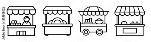 Vector outline illustration of street food market stall vendor cart for business design template