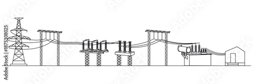 Power supply scheme. Energy power distribution with family house residence buildings, high voltage electricity grid pylons, electric transformer. Vector illustration
