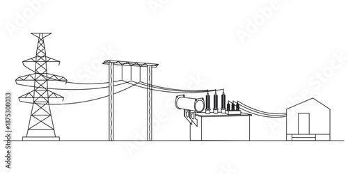 Power supply scheme. Energy power distribution with family house residence buildings, high voltage electricity grid pylons, electric transformer. Vector illustration
