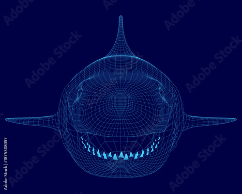 A great white shark wireframe model smiles broadly against a solid blue background, showcasing its 3D digital structure. Front view