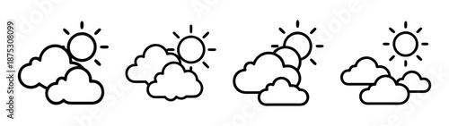 Sun and clouds vector illustration, weather forecast icon, sunny day clipart, outline drawing, sky graphic