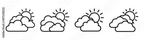 Sun and clouds weather forecast icons vector illustration sunny day cloudy sky outline set design