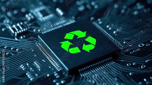 A close-up of a circuit board featuring a green recycling symbol, emphasizing technology's role in sustainability and eco-friendliness.