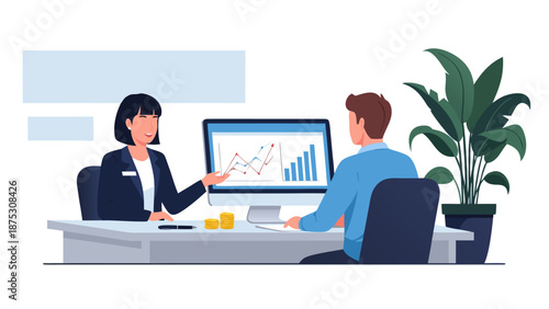 Business meeting vector illustration of financial analysis on computer screen with charts and graphs