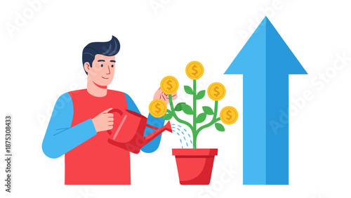 Financial Growth Vector Illustration of a Man Watering a Money Tree with Coins and Upward Arrow