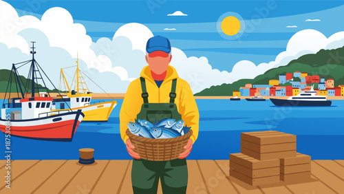 Fisherman Holding Basket of Fish in Harbor - Vector Illustration