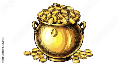 Golden pot overflowing with coins illustration on white background