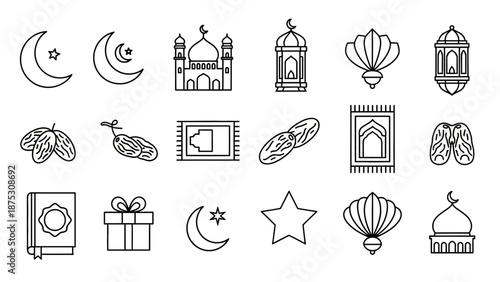 Ramadan Icons and Symbols Collection Crescent Moon, Mosque, Lantern, Dates, Prayer Mat, Quran, Star, Gift Box - Eid Celebration Elements