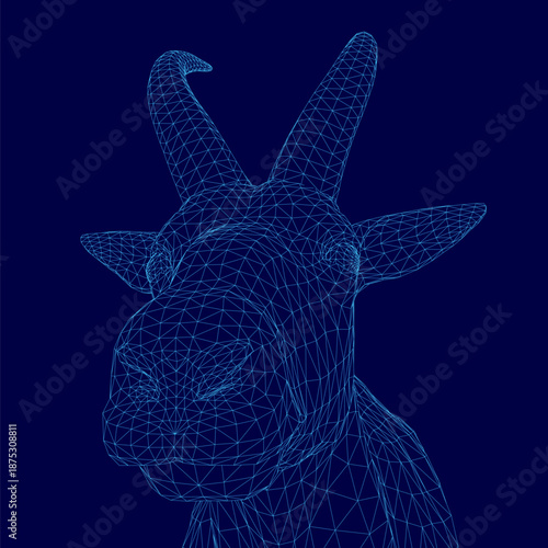 Mountain goat head wireframe drawing in minimalist line art stands alone on a dark blue background, featuring clean single-stroke outlines and a stark graphic 3D